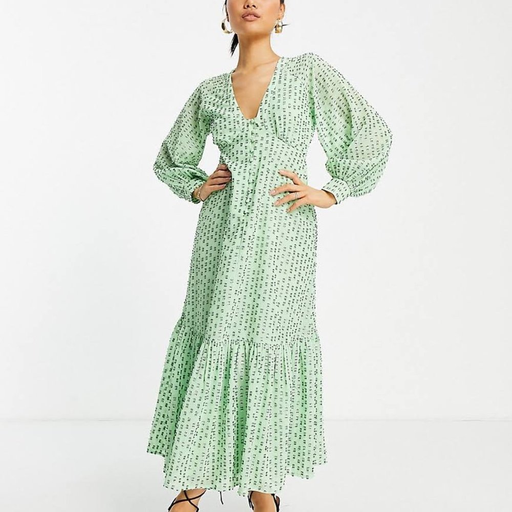 NEW Sparkly Green Plus Sz 26 Lined Tiered Empire Waist Long Sleeve Maxi Dress